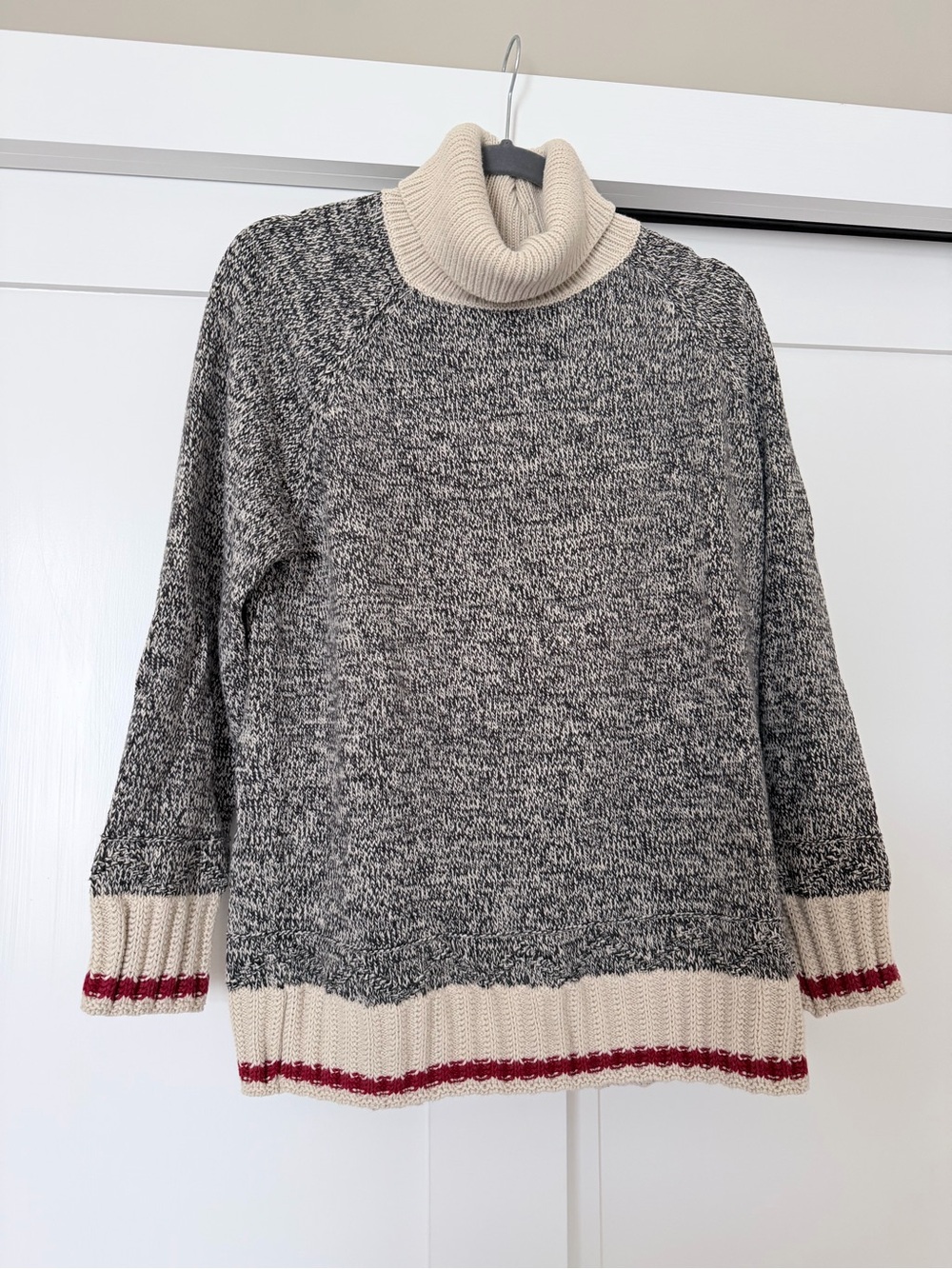 Roots Heathered Grey Cabin Turtleneck Sweater with Red Stripe Detail